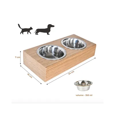 Bagane Set de 2 gamelles surélevées en acier, support mural en bois Dubuo Bagane Set de 2 gamelles surélevées en acier, support mural en bois Dubuo