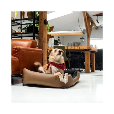 Bagane Panier chien design déhoussable, cuir végan camel Kuma