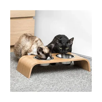Bagane Set de 2 gamelles surélevées en acier, socle bois chêne Gero