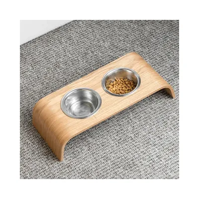 Bagane Set de 2 gamelles surélevées en acier, socle bois chêne Gero