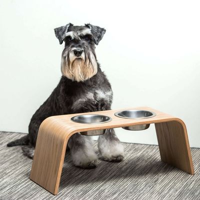 Bagane Set de 2 gamelles surélevées en acier,socle bois noyer Gero