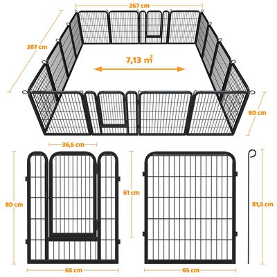 16 Panneaux Parc Enclos Pour Chiens Porte 80 Cm Noir