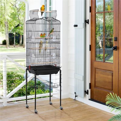 Cage à Oiseaux Sur Pied En Métal Avec Toit Ouvert, Plateau Coulissant