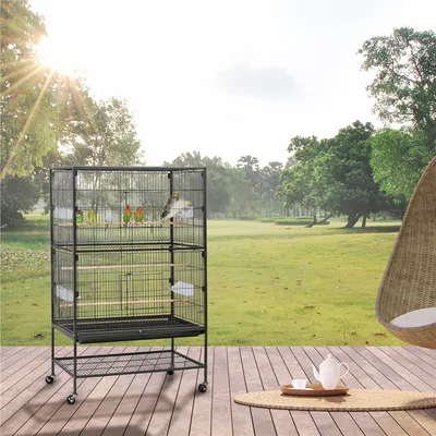 Grande Cage à Oiseaux Sur Pied Avec Support Roulant, Étagère De Rangement