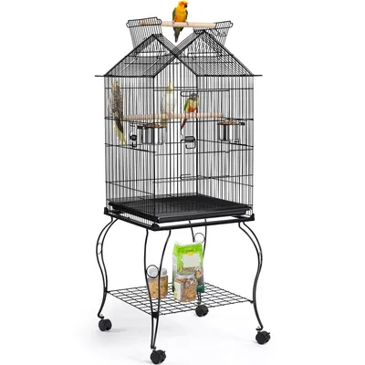 Cage à Perroquet En Métal à Toit Ouvert Avec Roulettes, Perchoirs