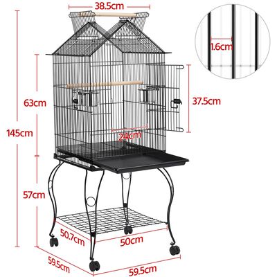 Cage à Perroquet En Métal à Toit Ouvert Avec Roulettes, Perchoirs