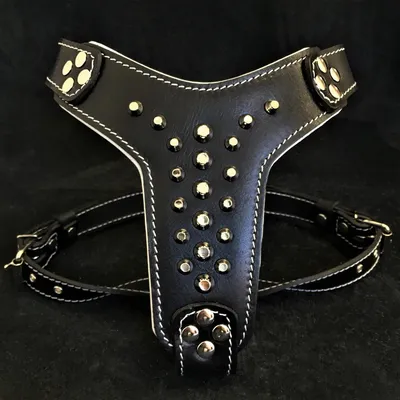 Bestia Custom Dog Gear - Harnais en cuir clouté Rocky noir et blanc Bestia Custom Dog Gear - Harnais en cuir clouté Rocky noir et blanc