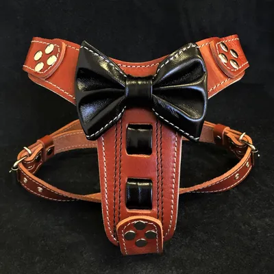 Bestia Custom Dog Gear - Harnais en cuir marron avec nœud papillon Bestia Custom Dog Gear - Harnais en cuir marron avec nœud papillon