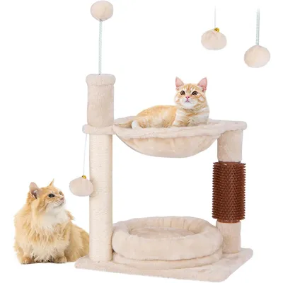 GIANTEX Mini Arbre à Chat 2 Niveaux - Brosse d'Auto-toilettage
