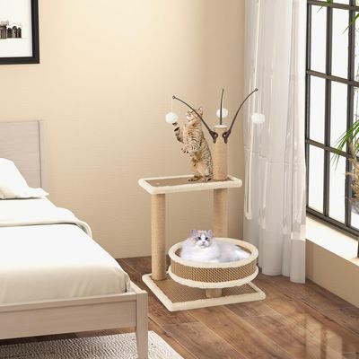 Giantex Petit Abre à Chat 80cm avec Tapis en Rotin, Balle Suspendue