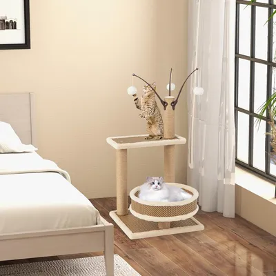 Giantex Petit Abre à Chat 80cm avec Tapis en Rotin, Balle Suspendue
