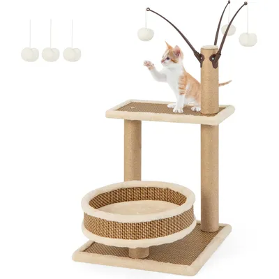 Giantex Petit Abre à Chat 80cm avec Tapis en Rotin, Balle Suspendue