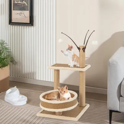 Giantex Petit Abre à Chat 80cm avec Tapis en Rotin, Balle Suspendue