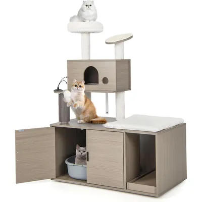 Giantex Arbre à Chat 132cm avec Meuble Litière pour Chat,Griffoirs