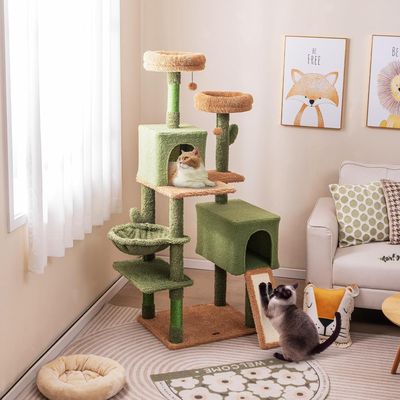 GIANTEX Arbre à Chat en Forme de Cactus Vert 152cm, avec 2 Perchoirs