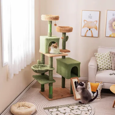GIANTEX Arbre à Chat en Forme de Cactus Vert 152cm, avec 2 Perchoirs