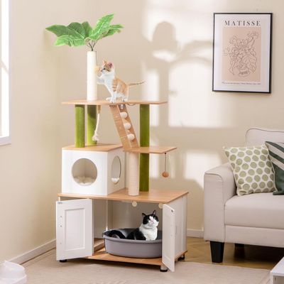 GIANTEX Arbre à Chat 2 en 1 avec Meuble Litière pour Chat, Condo