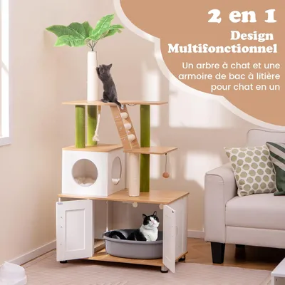 GIANTEX Arbre à Chat 2 en 1 avec Meuble Litière pour Chat, Condo