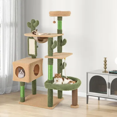 GIANTEX Arbre à Chat Design 150cm, Arbre a Chat en Forme de Cactus Vert
