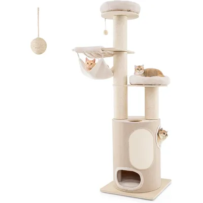 GIANTEX Arbre à Chat en Bois 187cm - Poteaux à Gratter en Sisal