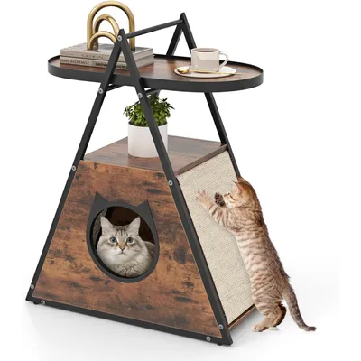 GIANTEX Niche pour Chat en Forme A, Meuble 2 en 1 pour Chat，Marron Rustique
