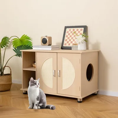 GIANTEX Maison de Toilette pour Chat, Meuble Litière avec Rangement,Naturel