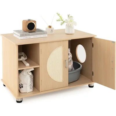 GIANTEX Maison de Toilette pour Chat, Meuble Litière avec Rangement,Naturel
