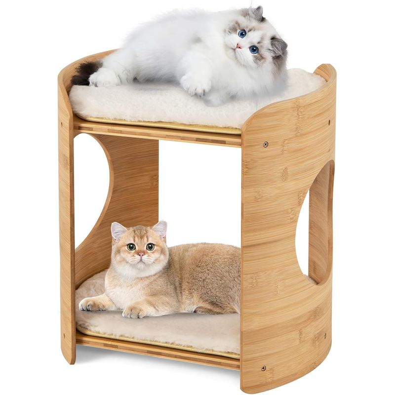 GIANTEX Bambus Katzenbaum Zweistöckig Mit Höhle Waschbaren Kissen