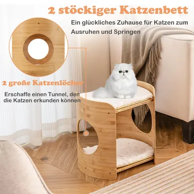 GIANTEX Bambus Katzenbaum Zweistöckig Mit Höhle Waschbaren Kissen