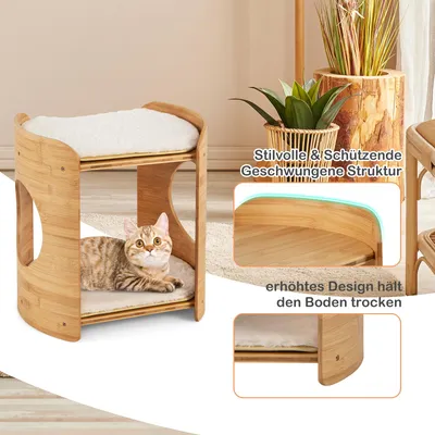 GIANTEX Bambus Katzenbaum Zweistöckig Mit Höhle Waschbaren Kissen