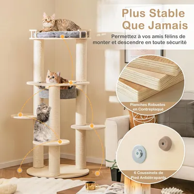 GIANTEX Arbre à Chat Bois 150cm - Perchoir Rembourré - 3 Plateformes