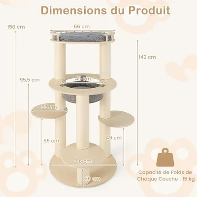 GIANTEX Arbre à Chat Bois 150cm - Perchoir Rembourré - 3 Plateformes