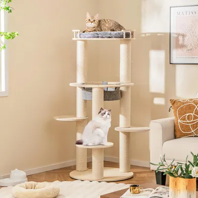 GIANTEX Arbre à Chat Bois 150cm - Perchoir Rembourré - 3 Plateformes