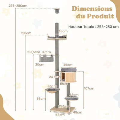 GIANTEX Arbre à Chat Plafond Réglable - 5 Niveaux - Griffoirs, Condo, Lit