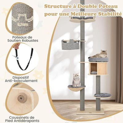 GIANTEX Arbre à Chat Plafond Réglable - 5 Niveaux - Griffoirs, Condo, Lit