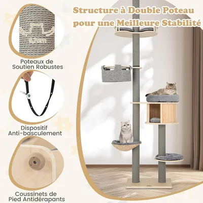 GIANTEX Arbre à Chat Plafond Réglable - 5 Niveaux - Griffoirs, Condo, Lit