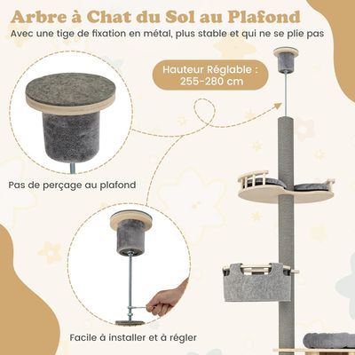 GIANTEX Arbre à Chat Plafond Réglable - 5 Niveaux - Griffoirs, Condo, Lit