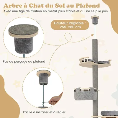 GIANTEX Arbre à Chat Plafond Réglable - 5 Niveaux - Griffoirs, Condo, Lit