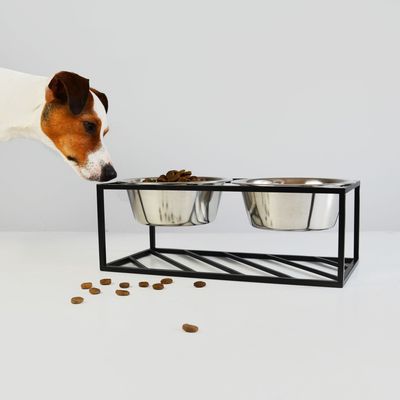 Bagane Set de 2 gamelles surélevées en acier,socle design métal noir Olne