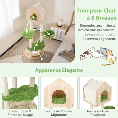 GIANTEX Arbre à Chat 139 CM - Condo Bois de Pin - Perchoir, Plateforme