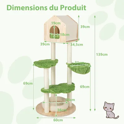 GIANTEX Arbre à Chat 139 CM - Condo Bois de Pin - Perchoir, Plateforme
