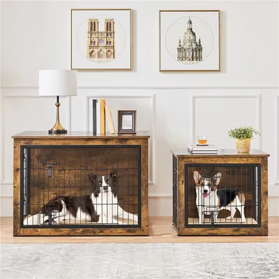 Cage Pour Chien En Bois Avec 2 Portes à Double Serrure Et Tapis Pelucheux