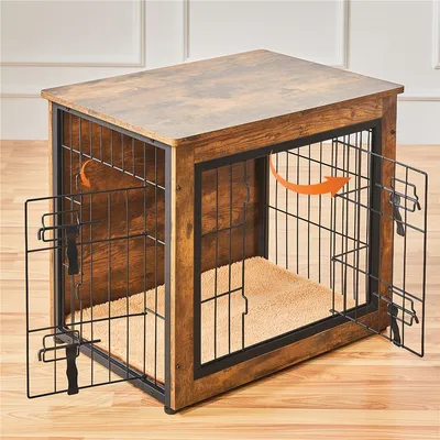 Cage Pour Chien En Bois Avec 2 Portes à Double Serrure Et Tapis Pelucheux