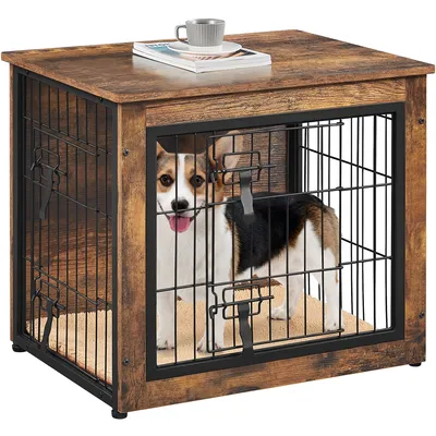 Cage Pour Chien En Bois Avec 2 Portes à Double Serrure Et Tapis Pelucheux
