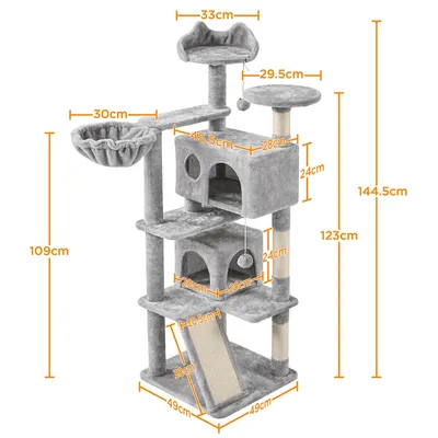 Arbre à Chat 3 Plateformes 2 Niches 2 Pompons Suspendus 139 Cm Gris