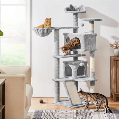 Arbre à Chat 3 Plateformes 2 Niches 2 Pompons Suspendus 139 Cm Gris