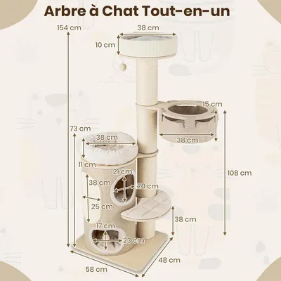 GIANTEX Arbre à Chat XXL de 154CM, Arbre a Chat Multi-Niveaux,    Naturel