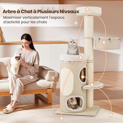 GIANTEX Arbre à Chat XXL de 154CM, Arbre a Chat Multi-Niveaux,    Naturel