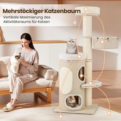 GIANTEX 154cm Mehrstufiger Katzenbaum Mit Wohnung Hängematte & Sisalball GIANTEX 154cm Mehrstufiger Katzenbaum Mit Wohnung Hängematte & Sisalball