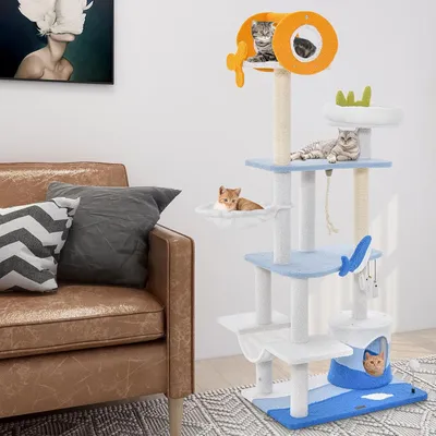 GIANTEX Arbre à Chat Multi-Niveaux avec Style Océan, Grattoir en Sisal